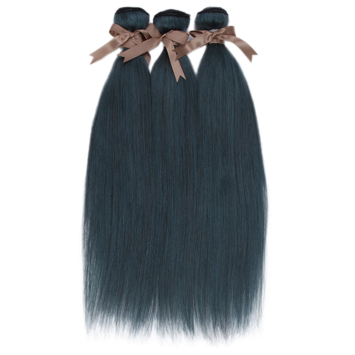 Queen Remy Human ink blue jade shade straight human hair 3 bundles