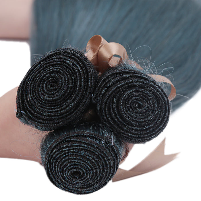 machine weft ink blue jade shade straight human hair bundles