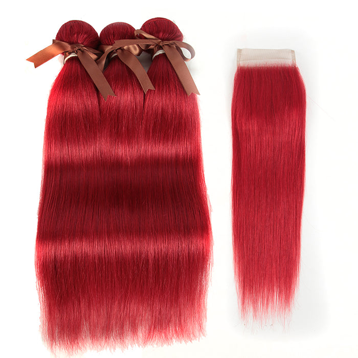 red color silky straight human hair bundles with lace closured human hair weaves