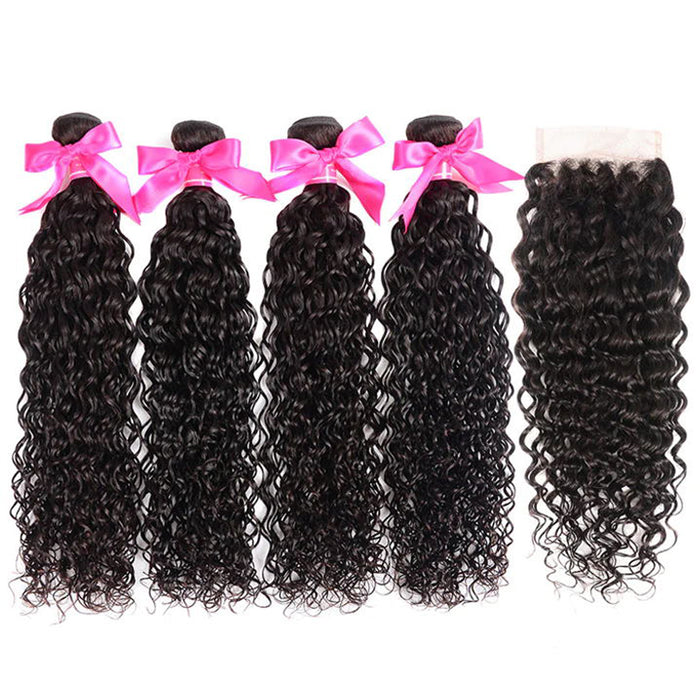 natural black water wave human hair bundles with 4x4 lace closure hair weave