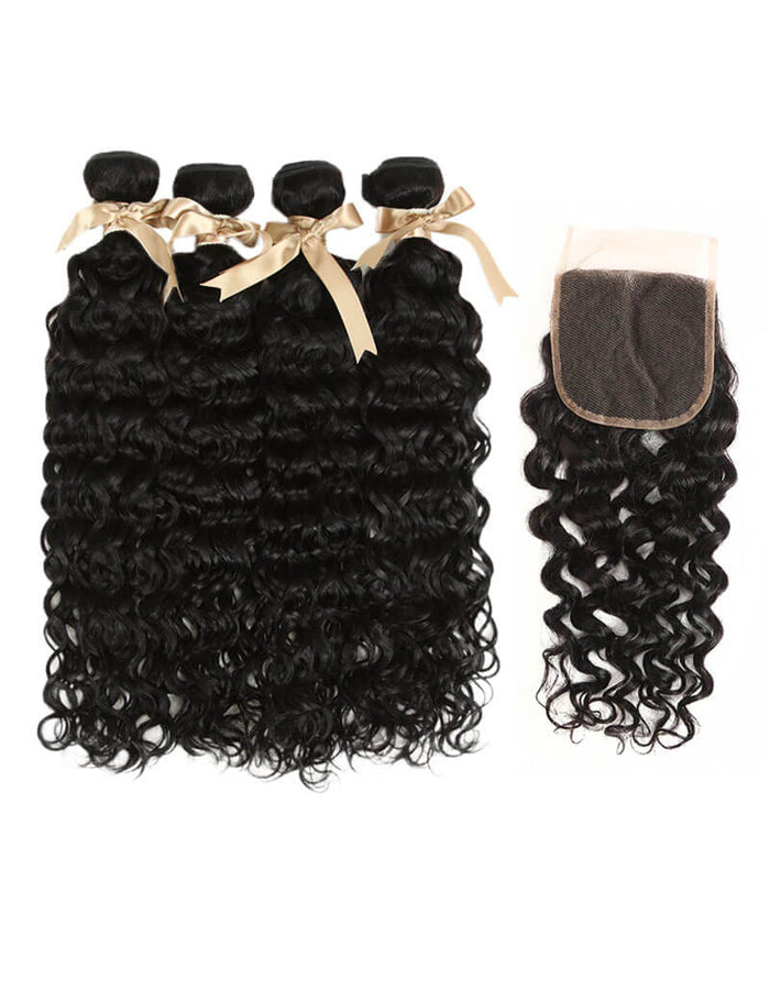 natural black water wave raw hair bundles with 4x4 lace closure hair weave