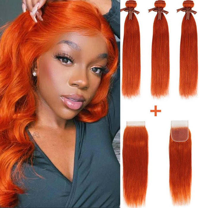 ginger orange straight human hair bundles with closured straight hair weave