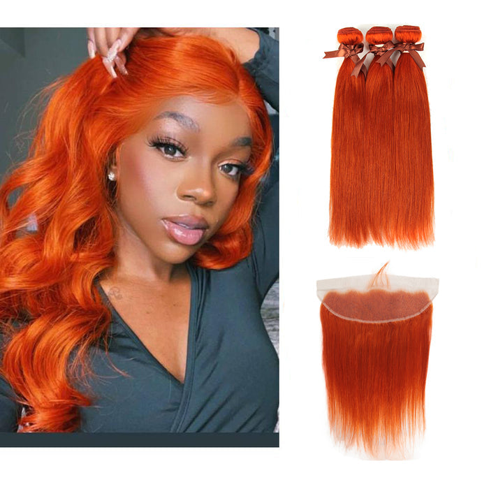 ginger orange straight raw hair bundles with closured straight hair weave