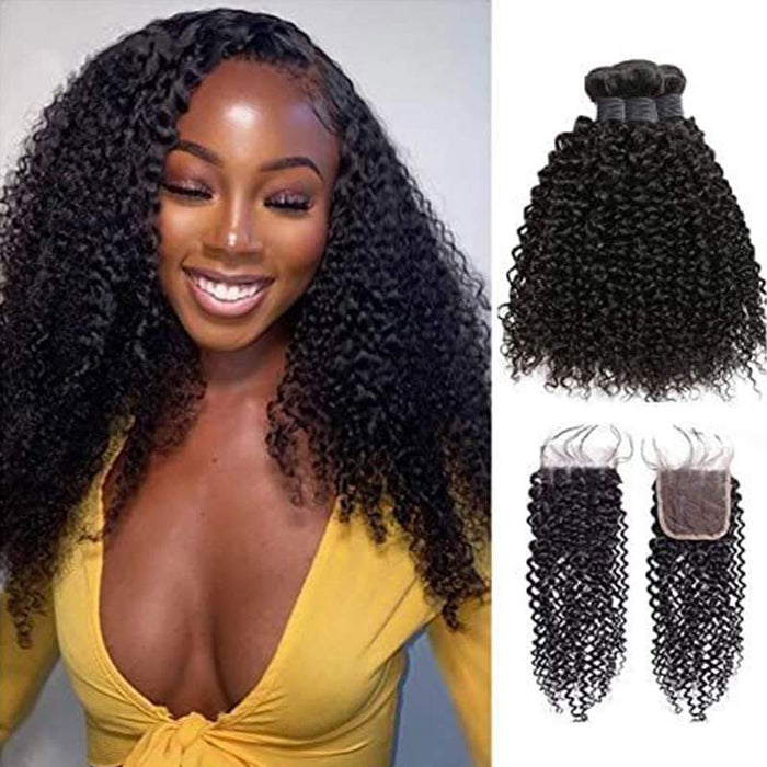 qvr kinky curly natural black human hair bundles with 4x4 closured human hair weave
