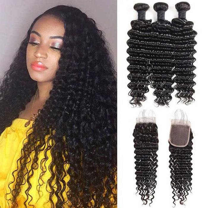 qvr deep wave natural black human hair bundles with 4x4 closured human hair weave