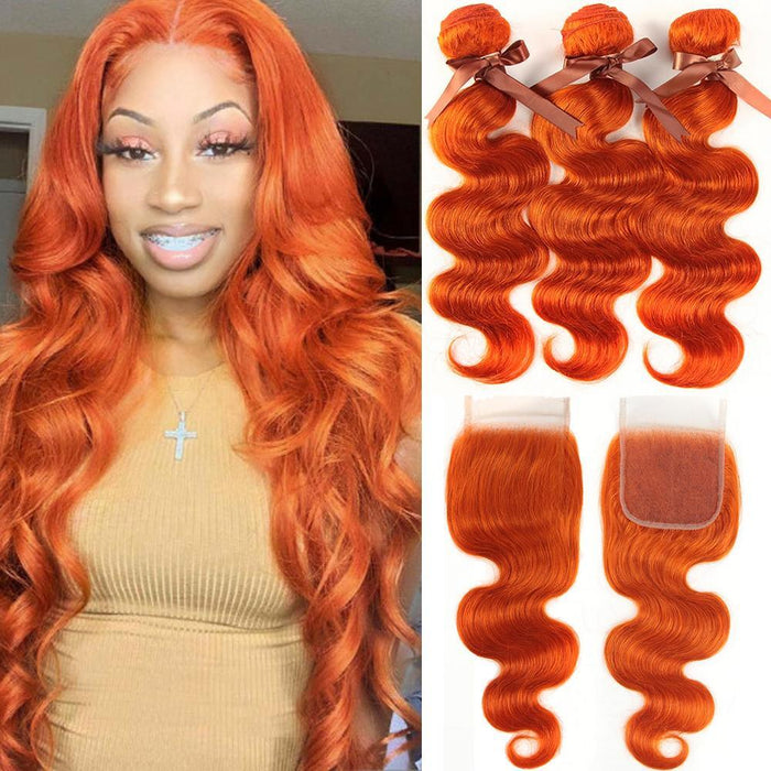 ginger oragned colored body wave human hair bundles with lace closured human hair weave