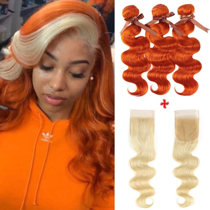 ginger orange body wave human hair bundles and blonde body wave hair weave with lace closure