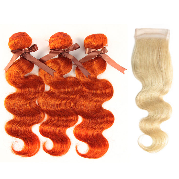 ginger orange body wave human hair 3 bundles and blonde body wave hair weave with lace closure