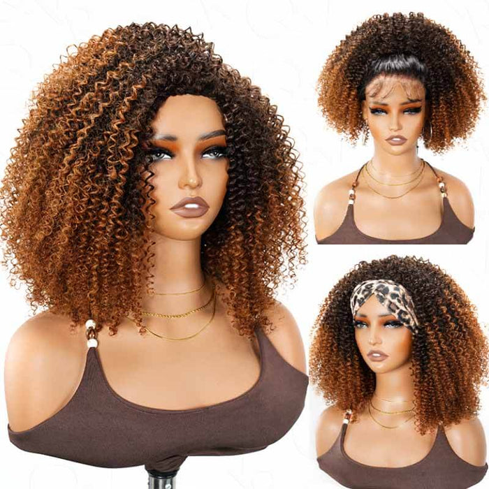 brown ombred qvr half wigs, kinky curly texture human hair wig