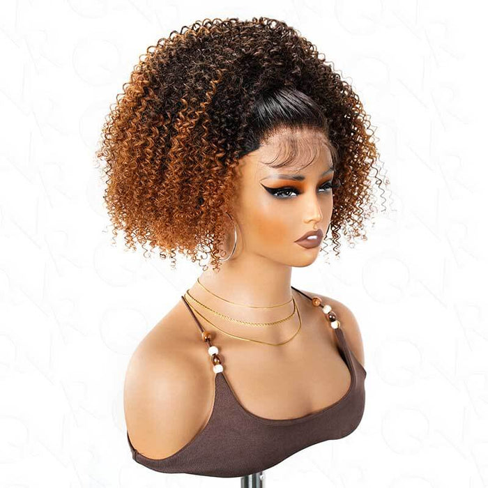 qvr kinky curly brown ombred half wigs, natural looking with high ponytail styles