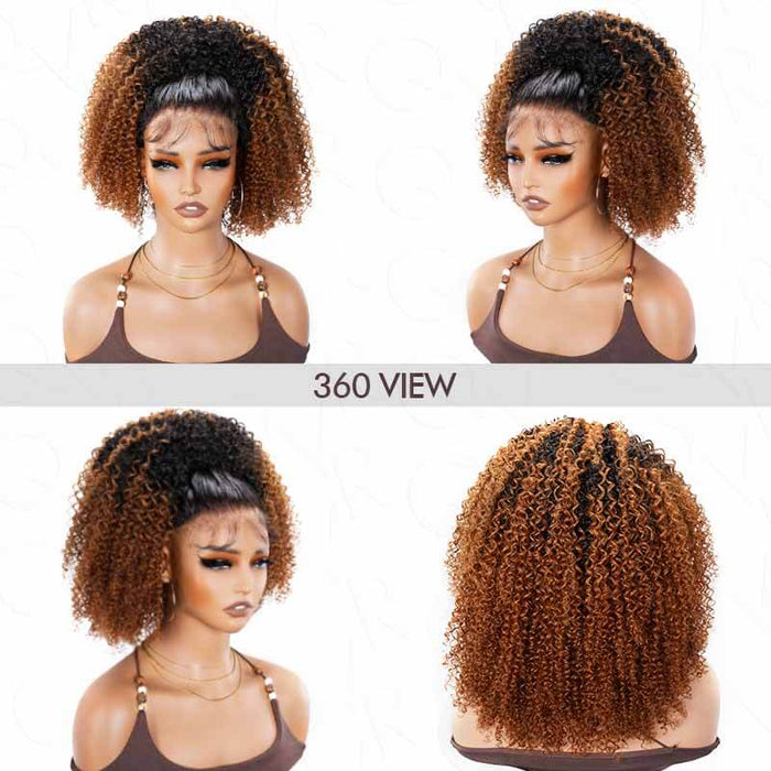 black to auburn brown ombred human hair wigs, half wigs with kinky curly texture