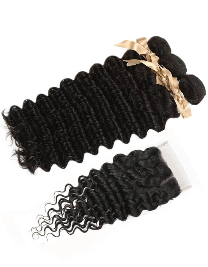deep wave natural black human hair bundles with peruvian hair closured hair weave