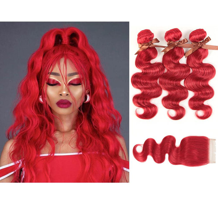 bright red brazilian body wave virgin human hair bundles and hair extension with lace closure