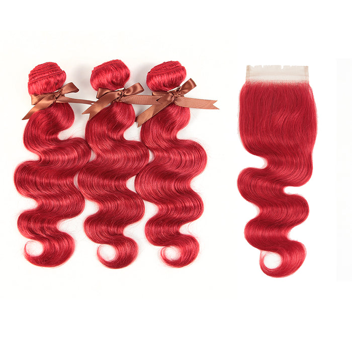 bright red brazilian body wave virgin human hair 3 bundles and hair extension with lace closure