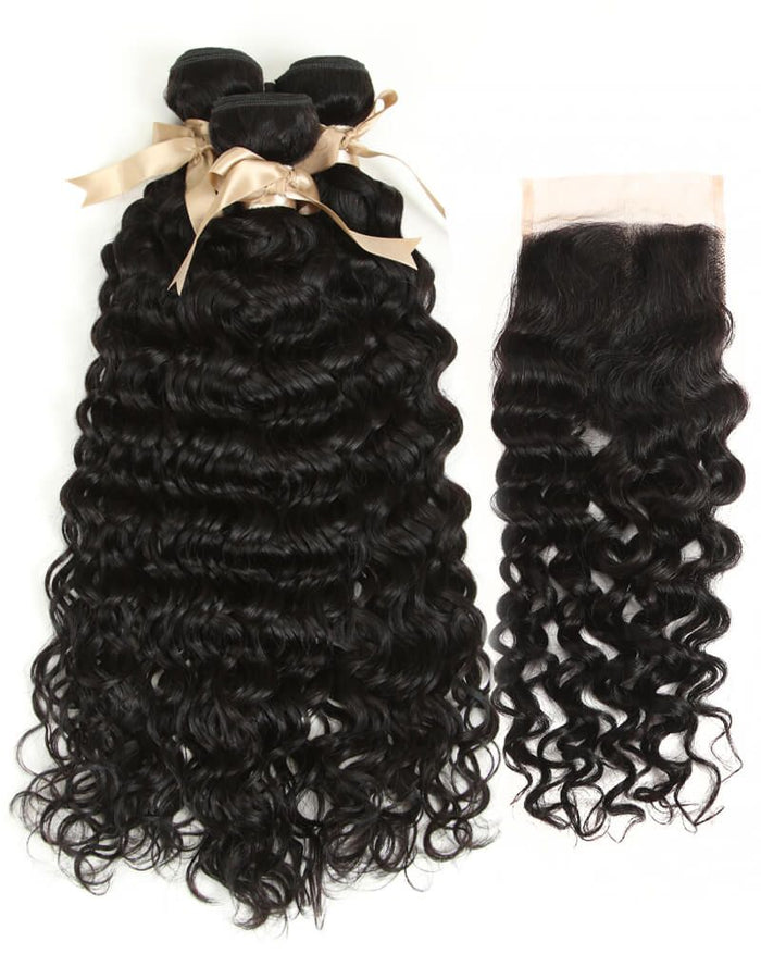 water wave natural black human hair bundles with 4x4 lace closure human hair weave