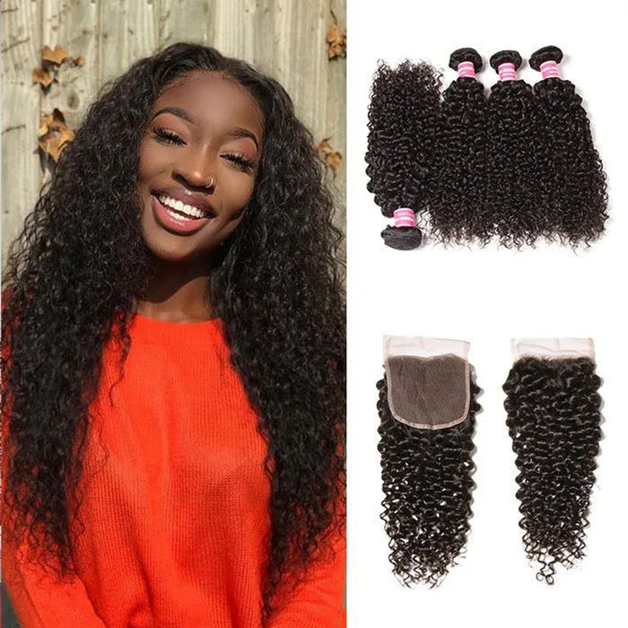 qvr jerry curly natural black human hair bundles with 4x4 lace hair weave
