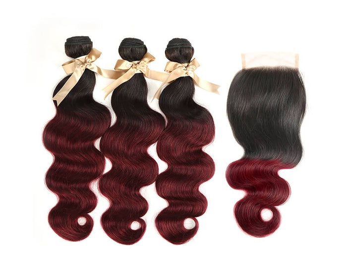 body wave 1b/burgundy ombred human hair bundles with lace closured brazilian hair weave
