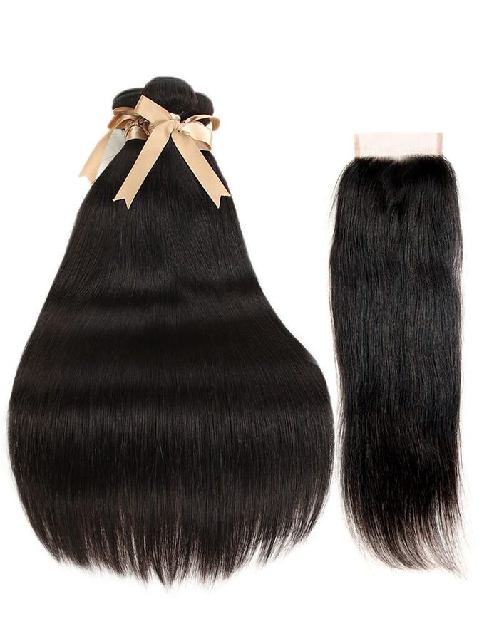 silky straight natural black human hair bundles with 4x4 lace closured hair weave