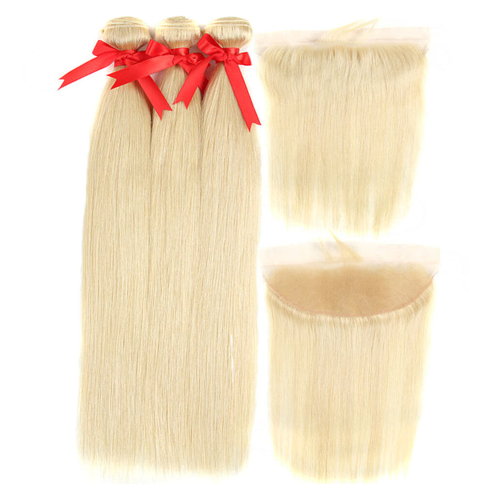 qvr 613 blonde silky straight human hair bundles with 13*4 lace closure hair weave
