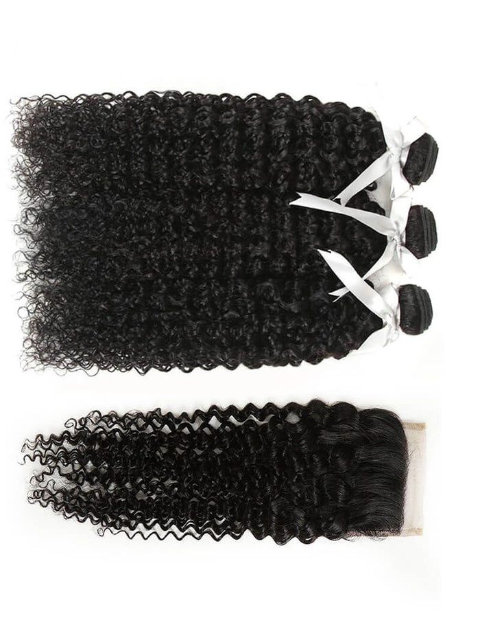 jerry curly natural black human hair bundles with lace closured human hair weave