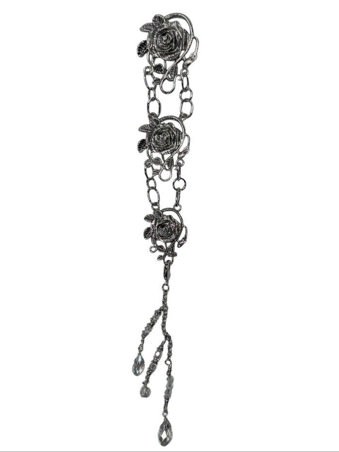 silver rose chain hair accessory with dangling crystal drops front view