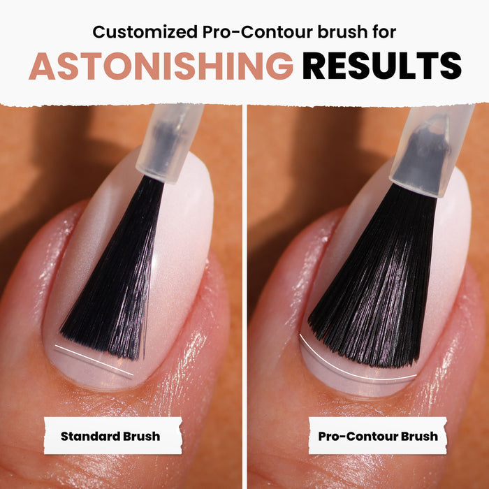 Close-up comparison of Savanna matte nail polish by LONDONTOWN, using a standard brush on the left and a Pro-Contour brush on the right, shows precision and coverage differences. The muted tones reveal subtle texture variations and finishes, resembling smooth clay artistry.