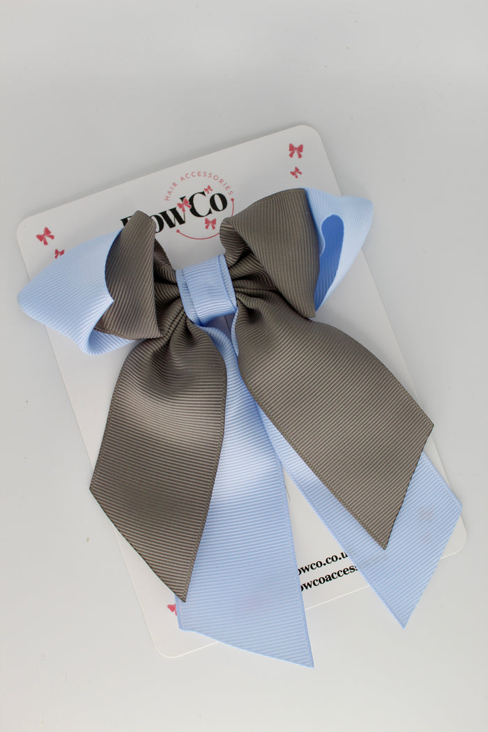 School Bow - Bluebell and Grey - Loop Tail Hair Bow - Clip