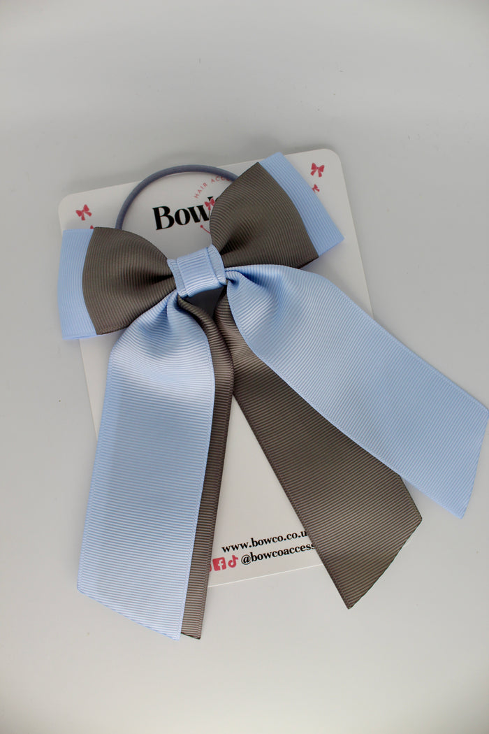 School Bow Bluebell and Metal Grey - Double Layer Tail Bow – Elastic