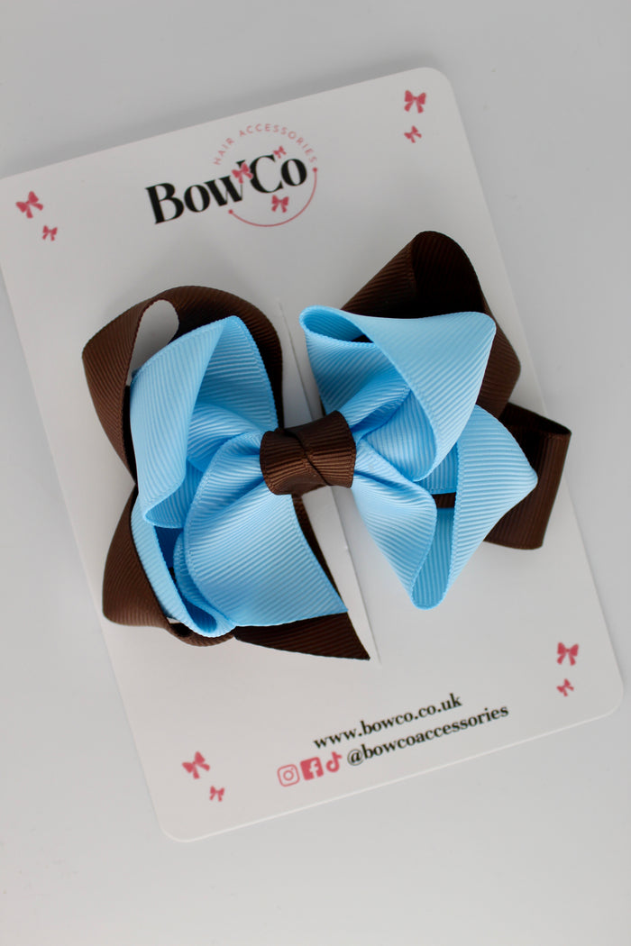 School Brown and Blue Topaz Double Loop Bow - Clip