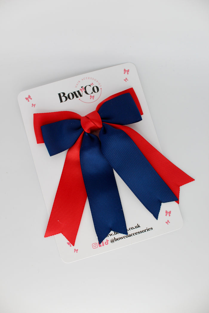 School Red and Navy Blue Double Ribbon Tail Bow – Clip