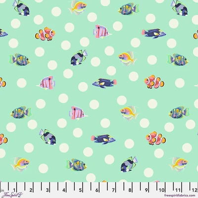 Seafoam- School Crossing- Polka Dot Fabric w/ Fish- Fat Quarter