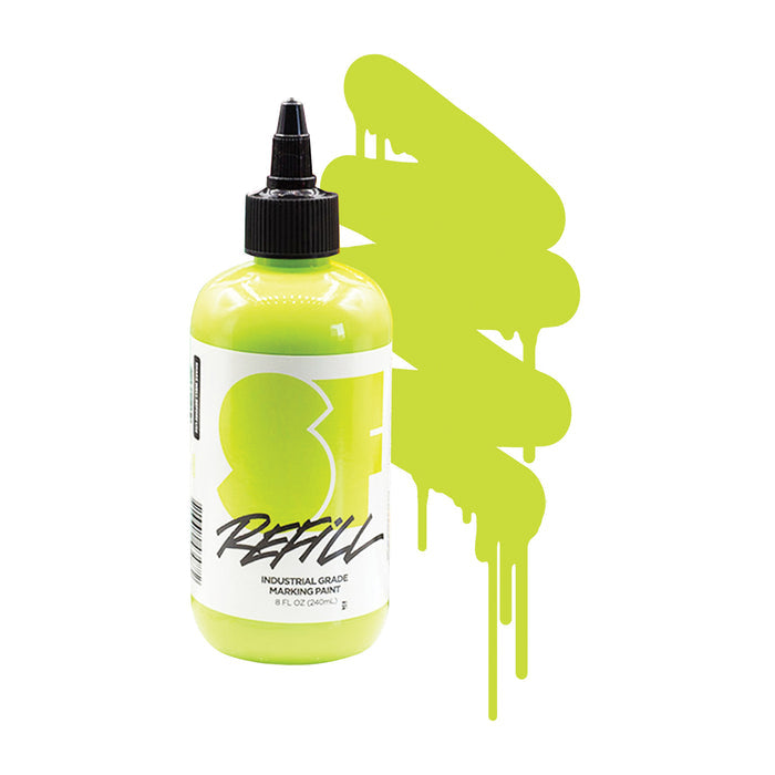 Bottle of bright green SF marking paint with a color swatch on a white background.