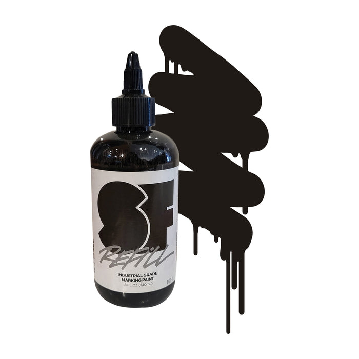 Bottle of black marker paint refill with a color swatch on a white background.