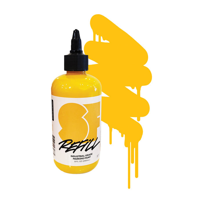 Yellow SF paint refill bottle with a color swatch and white label.