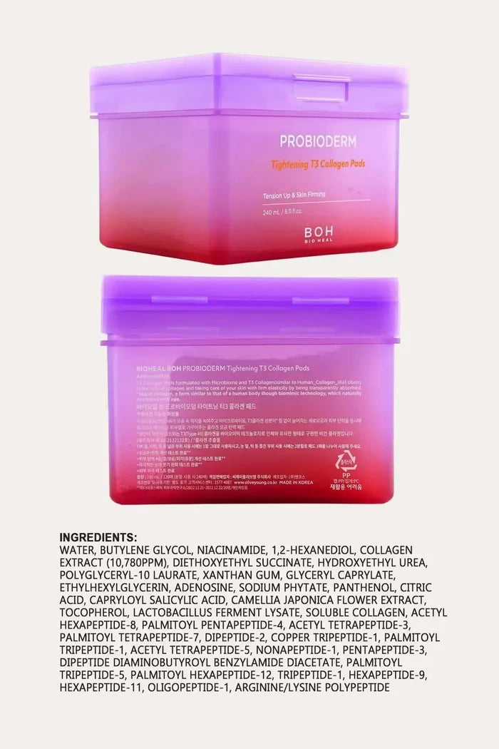 BOH Probioderm Tightening T3 Collagen Pads 240mL (8.0 FL OZ) - Best Korean Collagen Pads Front and Back View with Full Ingredients List, Tension Lift & Skin Firming, Contains Niacinamide, Collagen, Peptides