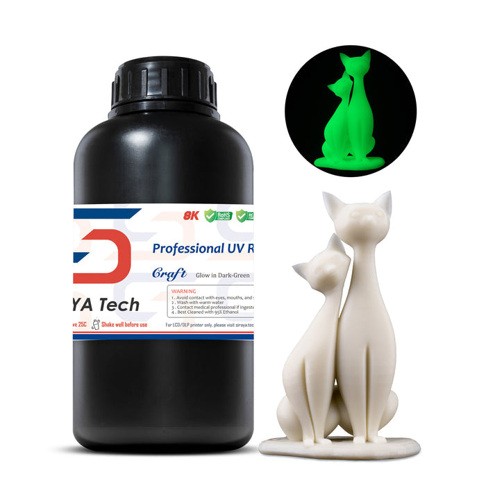 glow in dark 3D printer resin craft bottle with cat sculpture glowing green in dark