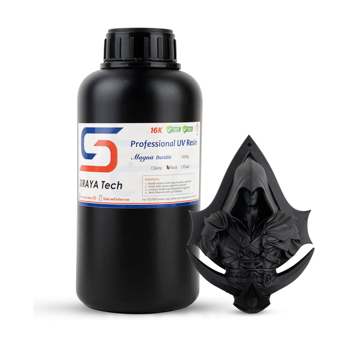 durable resin black 1kg bottle with 3D printed dark assassin character miniature