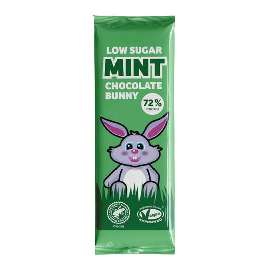 Green packaging of a low sugar mint chocolate bunny with a cartoon bunny illustration on a white background.