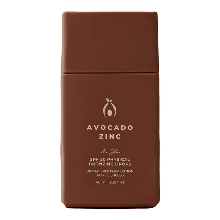 Brown bottle of Avocado Zinc SPF 50 physical bronzing drops on a white background