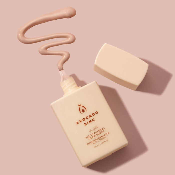Avocado Zinc glow drops with a swatch on a pink background