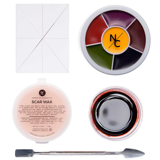 Starter Effects SFX Kit — all components including bruise wheel, scar wax, scab blood paste, foam sponges, and spatula