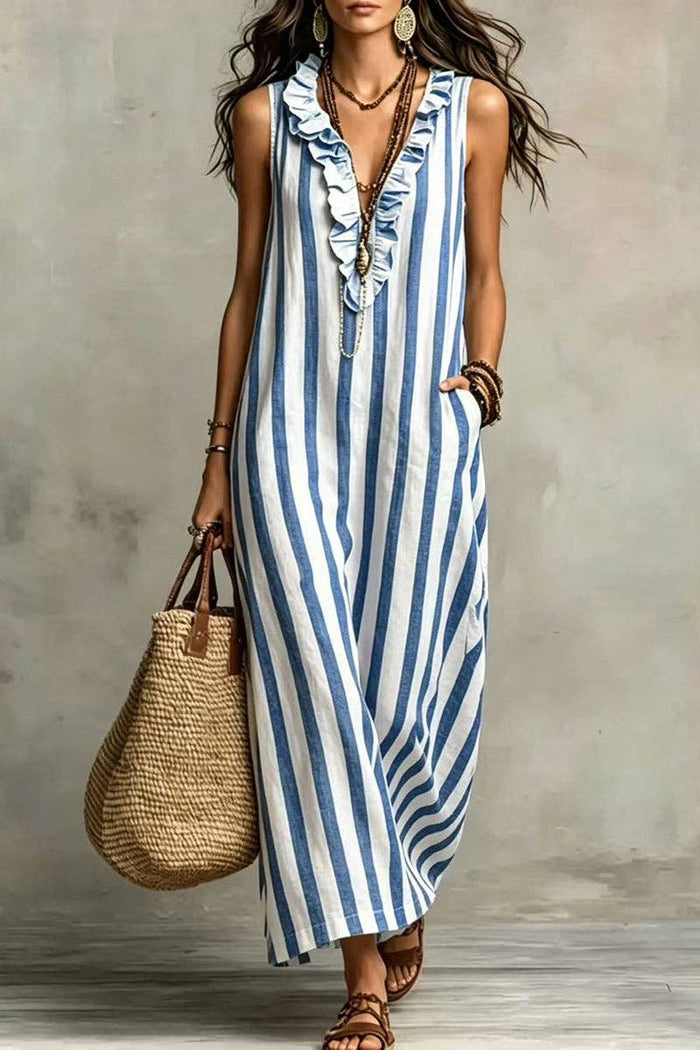 Stripe Ruffle V-Neck Pocket Dress