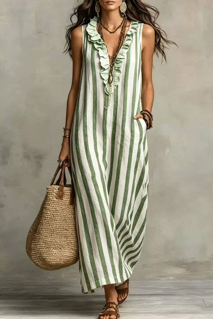 Stripe Ruffle V-Neck Pocket Dress