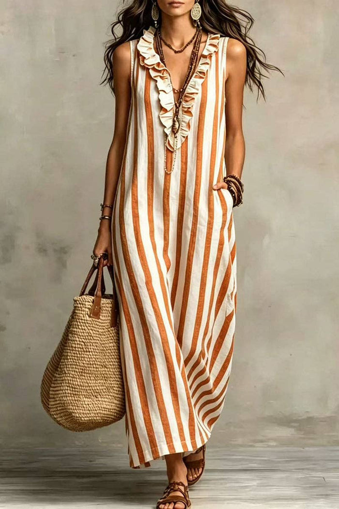 Stripe Ruffle V-Neck Pocket Dress