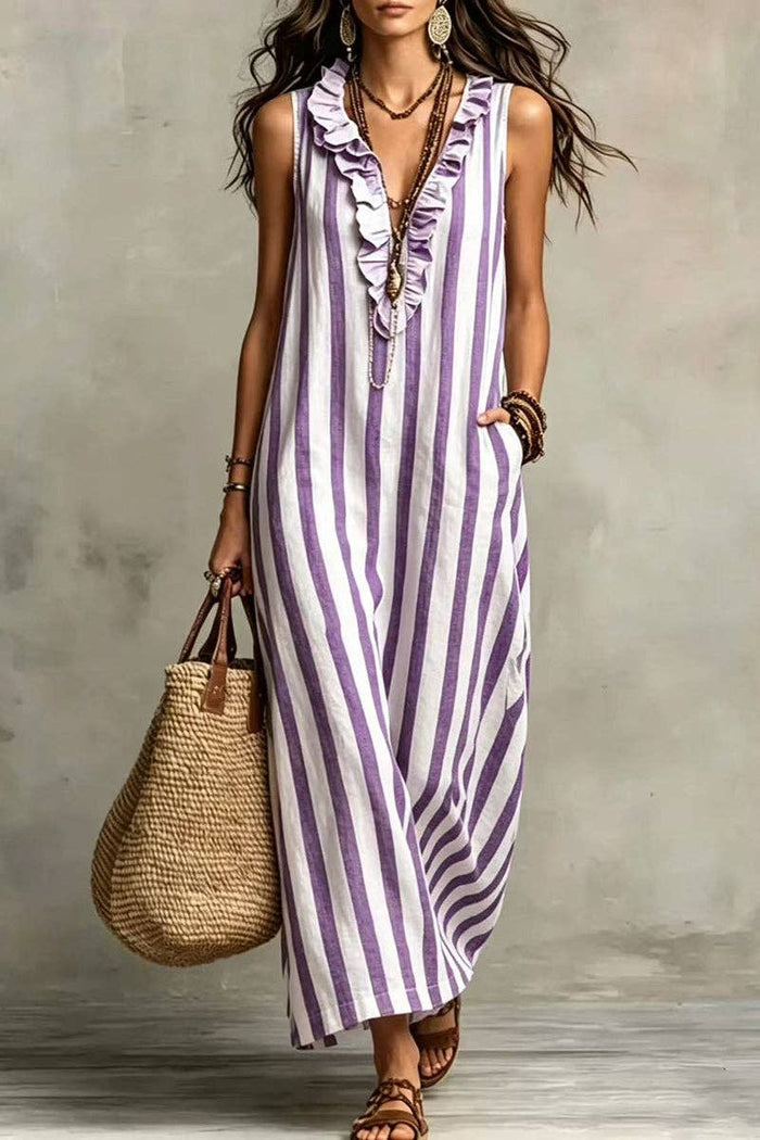 Stripe Ruffle V-Neck Pocket Dress