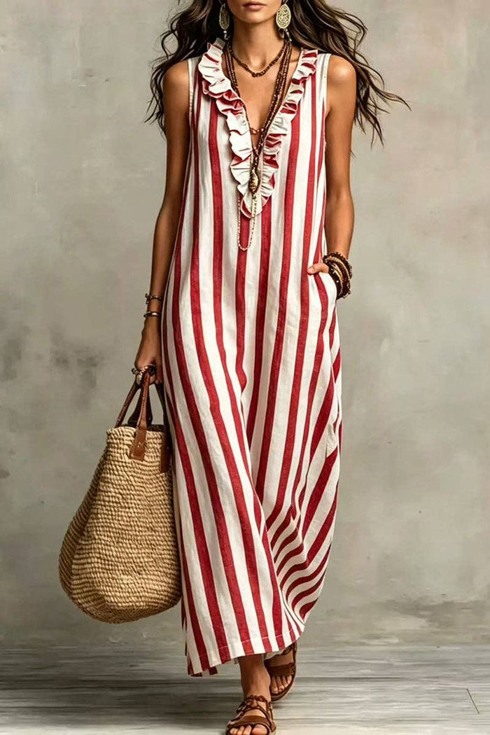 Stripe Ruffle V-Neck Pocket Dress