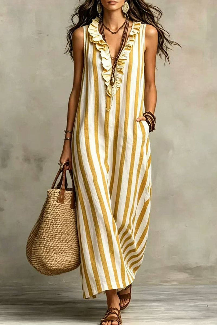 Stripe Ruffle V-Neck Pocket Dress