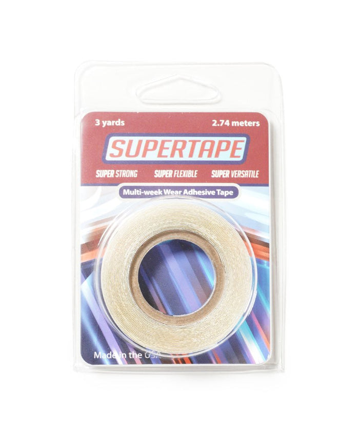 Supertape multi-week wear adhesive tape, 3-yard roll in plastic case, labeled super strong, ultra flexible, and versatile.