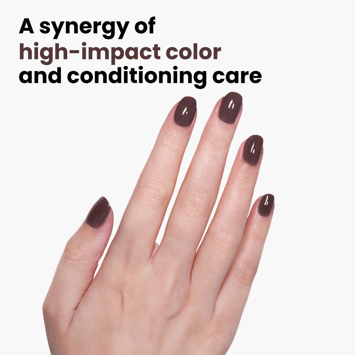 Fingers adorned with the chocolatey shade "Teak" by LONDONTOWN are displayed against a white background. The text highlights: "A blend of vibrant color and conditioning care with our nourishing Florium Complex.