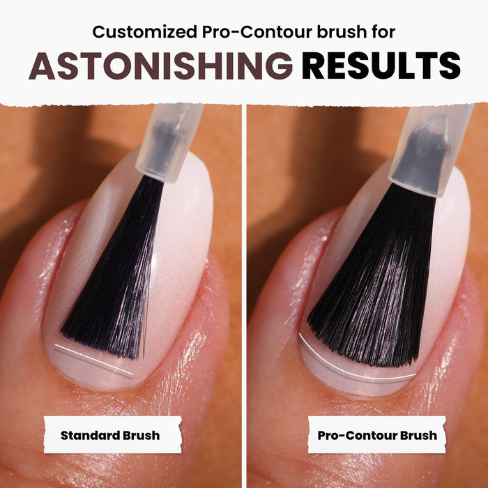 Comparing two brushes on nails: The standard brush shows uneven application, while the pro-contour brush offers smoother, fuller coverage with LONDONTOWN's Teak nail polish enriched by the nourishing Florium Complex.